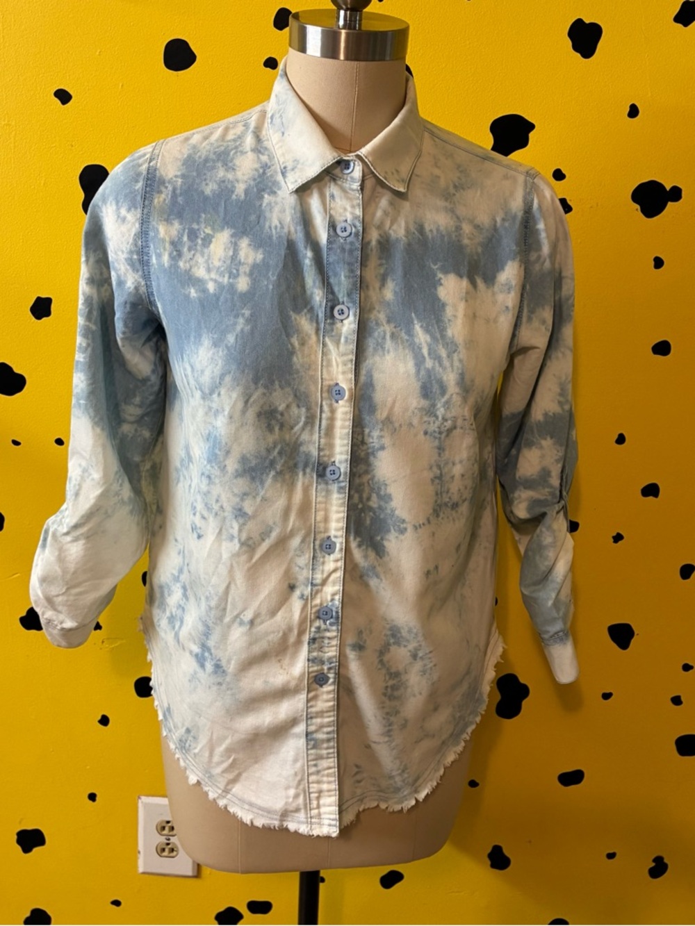 Taxi Tie Dye Denim Shirt Button Up Distressed Hem Top Size M Grunge Streetwear